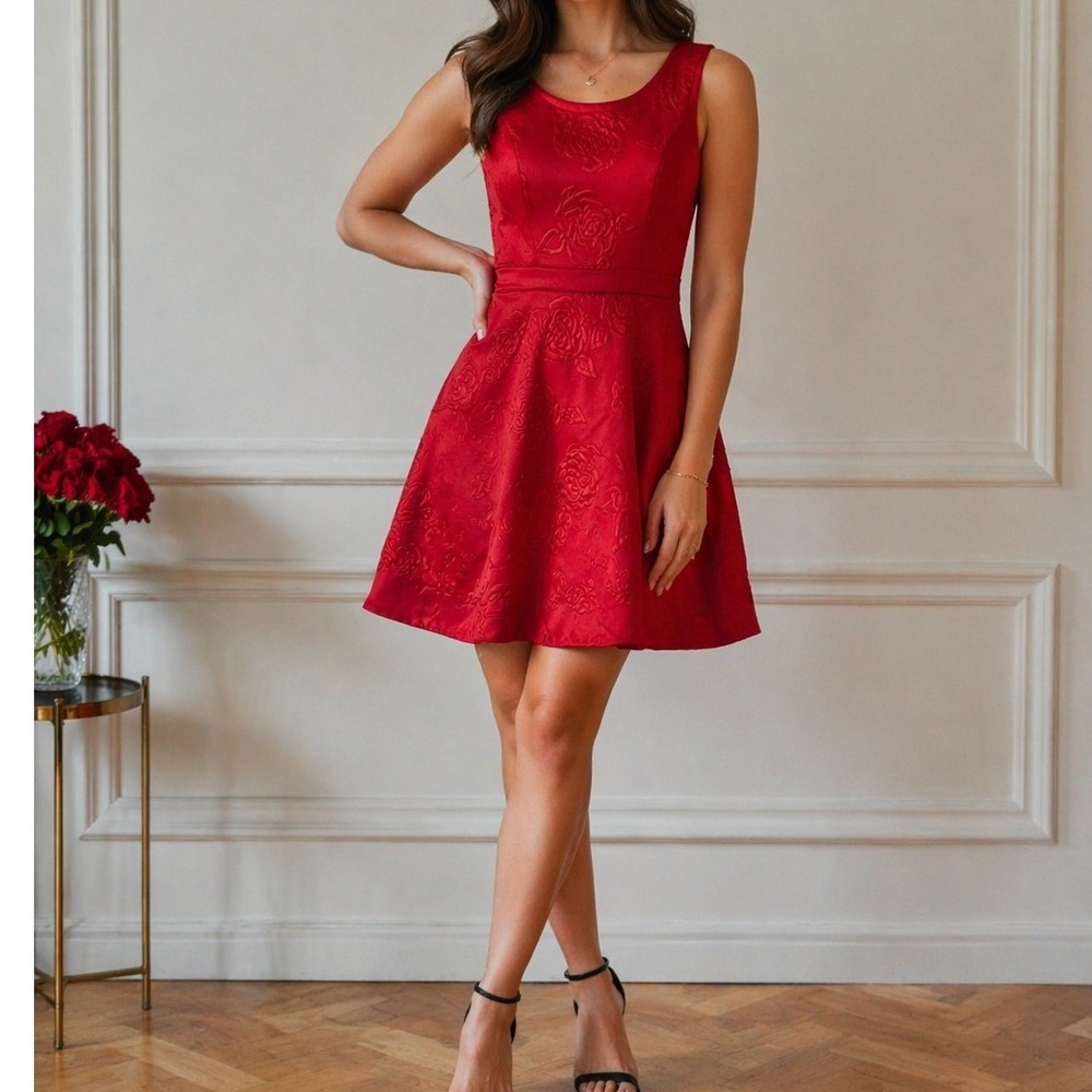 L'Amour Nanette Lepore Red Rose Embossed Fit and Flare Mini Dress Small